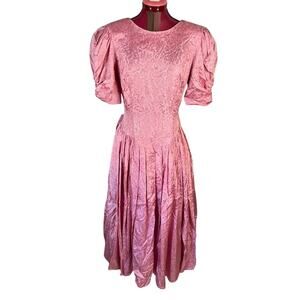 Formal dress lace sleeves puff sleeves big bow vintage 1980s rose pink